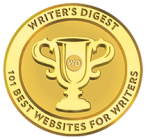 Writing blog award: Writer's Digest gold trophy emblem for 100 best websites for writers for Writers in the Storm