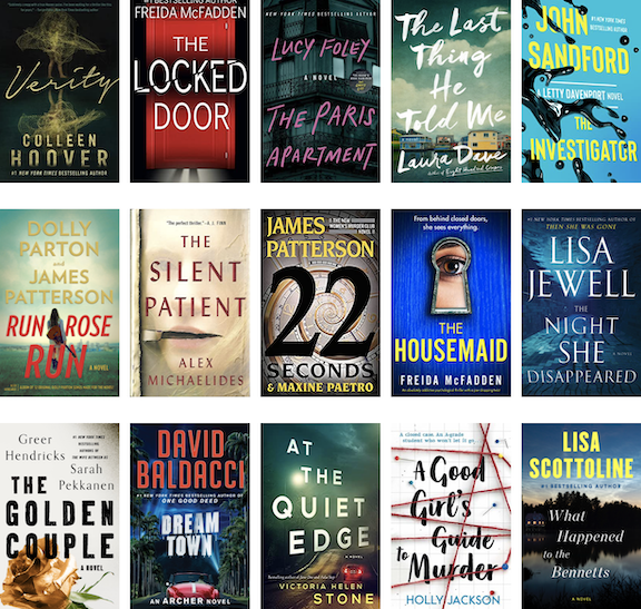A four by three grid of newer thriller/mystery book covers titled: Verity, The Locked Door, The Paris Apartment, The Last Thing He Told me, The Investigator, Run Rose Run, The Silent Patient, 22 Seconds, The Housemaid, The Night She Disappeared, The Golden Couple, Dream Town, At the Quiet Edge, A Good Girl's Guide to Murder, and What Happened to the Bennetts.