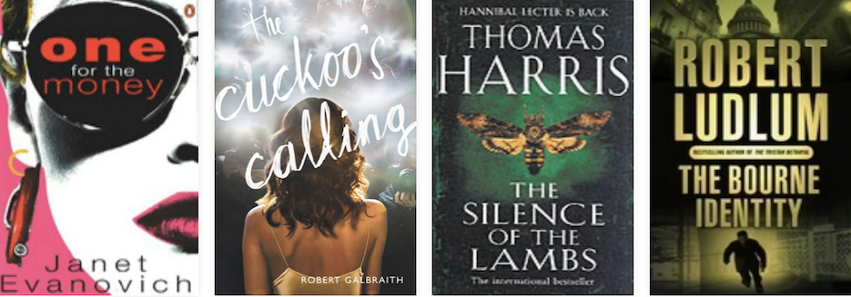 Four Mystery thriller covers: One for the Money by Janet Evanovich, The Cuckoo's calling by Robert Galbraith, The Silence of the Lambs by Thomas Harris, and The Borne Identity by Robert Ludlum.
