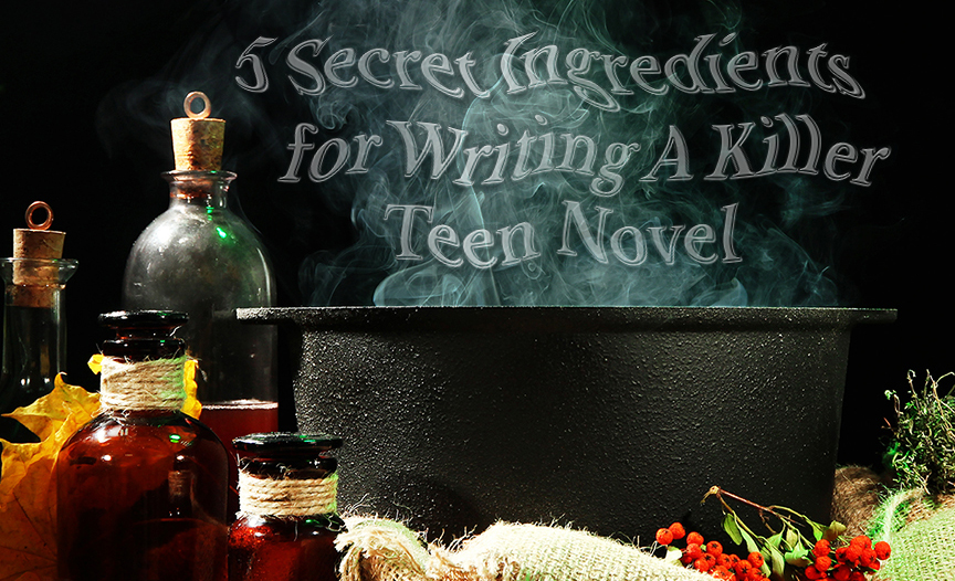 Potions and a steaming cauldron on a table with the words 5 secret ingredients for writing a killer teen novel floating eerily out of the steam