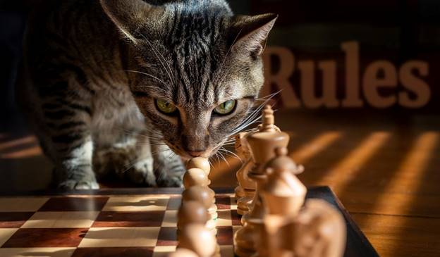 Photograph of a kitten on a chess board staring down a row of white pawns, possibly considering the rules of writing a killer teen novel