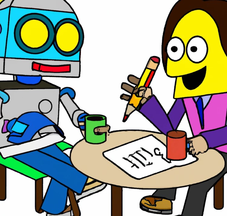 a robot and a writer collaborating while drinking coffee together