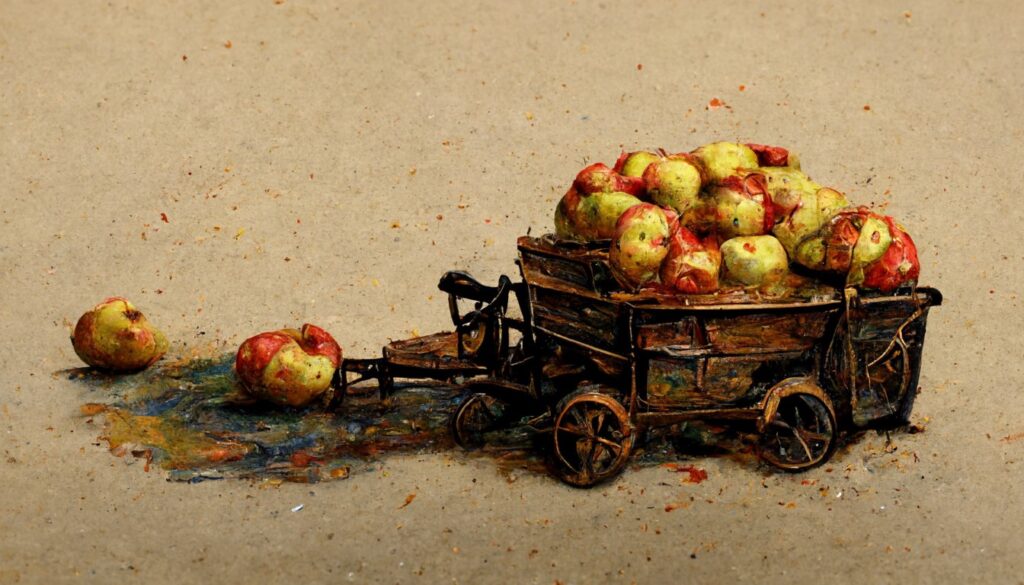 trauma - a destroyed apple cart with mashed apples spilled
