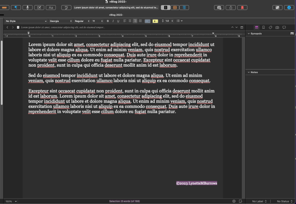 Screen shot of a word processor (Scrivener) with filler text in dark mode (white text against a black background)