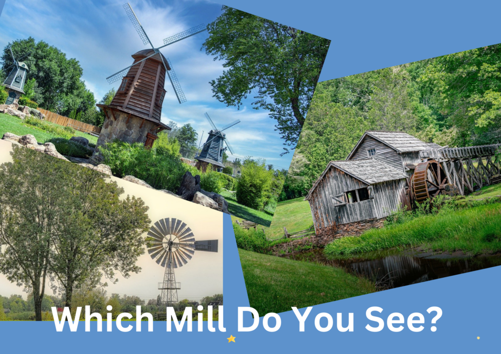 Collage image of photographs of a windmill, an aged water mill building, and a wind mill on a farm.