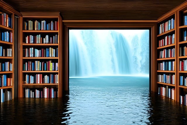 The picture shows a library that is partially submerged in water. There is a waterfall in the background.