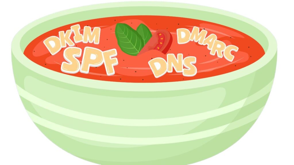 A bowl of alphabet soup with the letters spelling DNS, SPF, DKIM, and DMARC