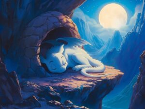 cartoon, baby, dragon, cute, kawaii, anime, manga, screenshot, nature, night, sleeping, nap, young, white, reptile, wings, cave, cozy, sleepy, moon, cliff, mountain, moonlight, napping, ai generated