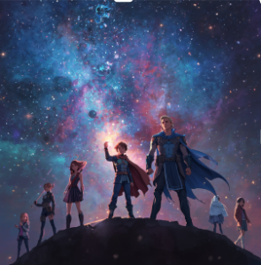 characters standing in front of the universal sky