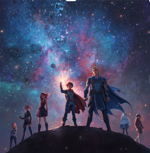 characters standing in front of the universal sky