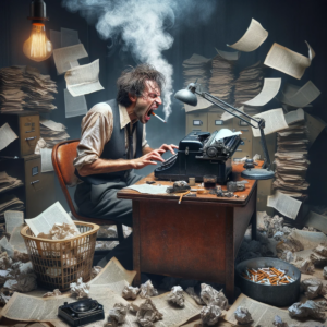 Agitated male writer at desk surrounded by chaotic office