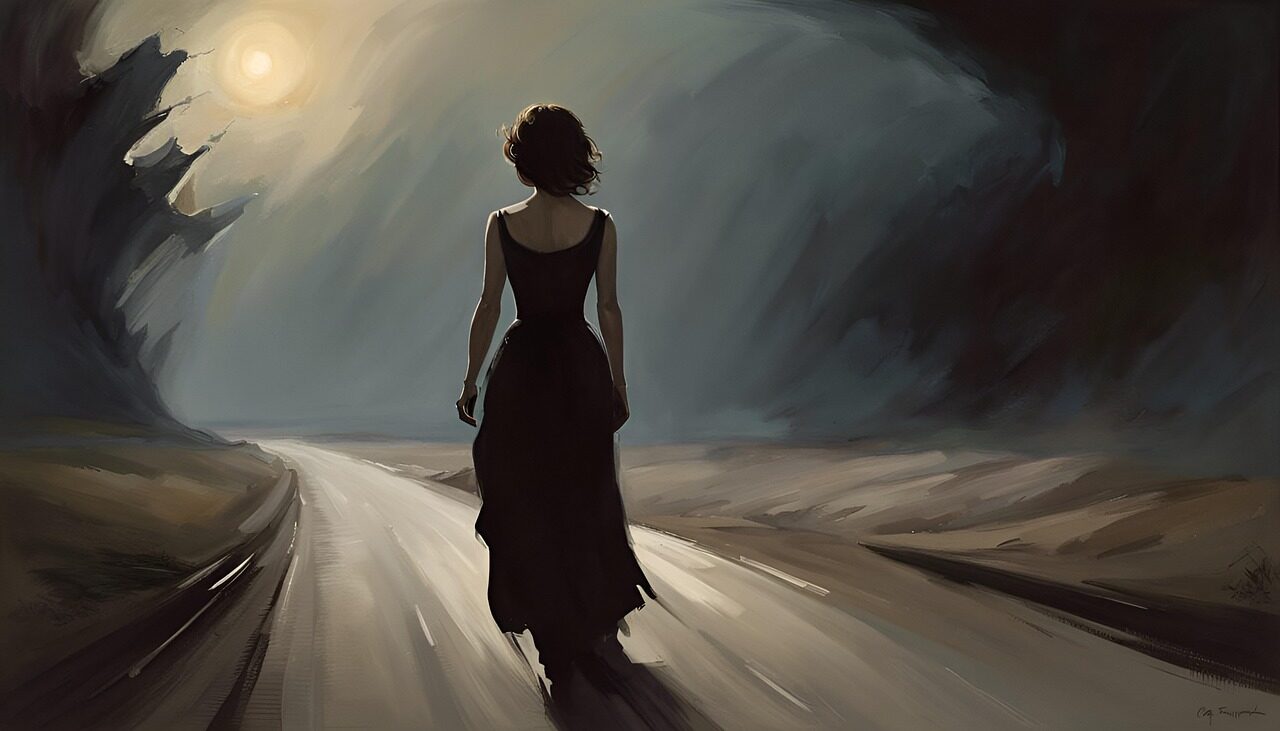 woman on a quest, path, infinity, light, quest, spiritual, ai generated