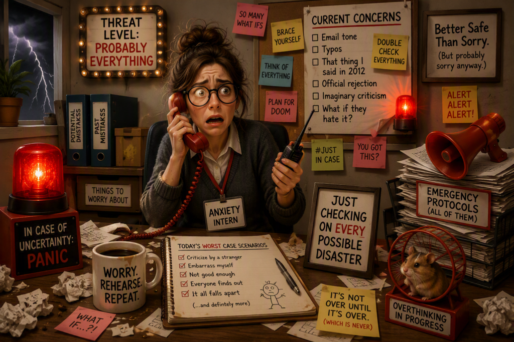 Picture of worried female intern surrounded by a mess. Anxiety!
