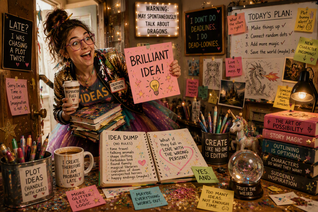 Picture of female writing intern, excited and late to the meeting. Creativity!
