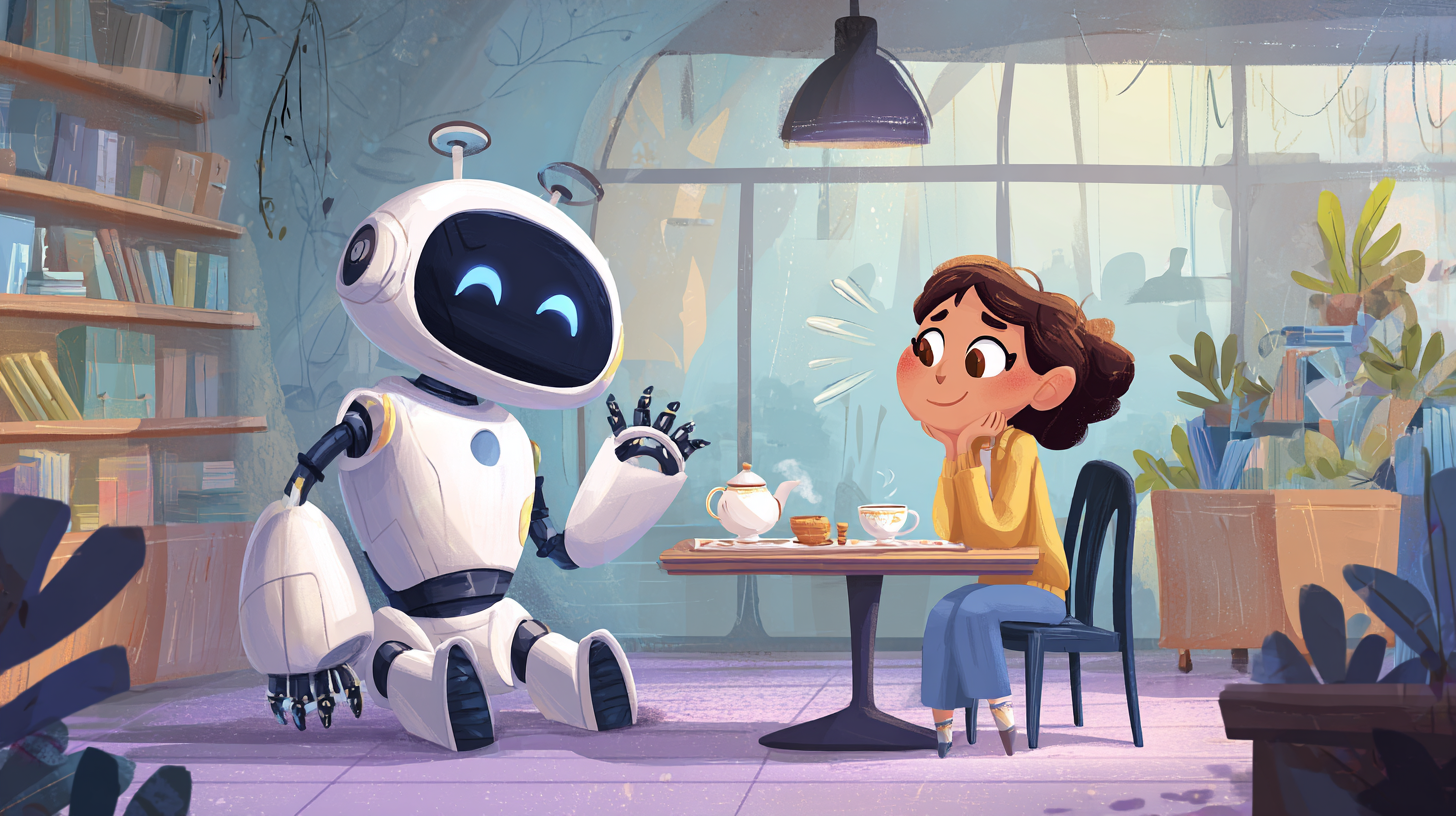 A friendly AI robot and a writer sitting down for tea