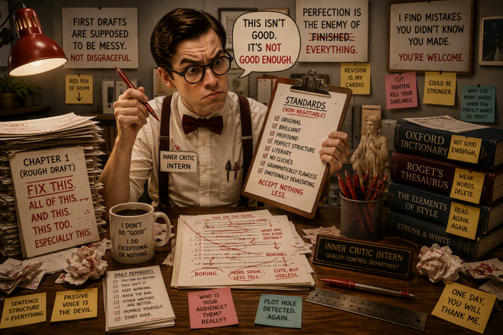 Picture of male critic, writing with red pen in hand. Inner critic.

