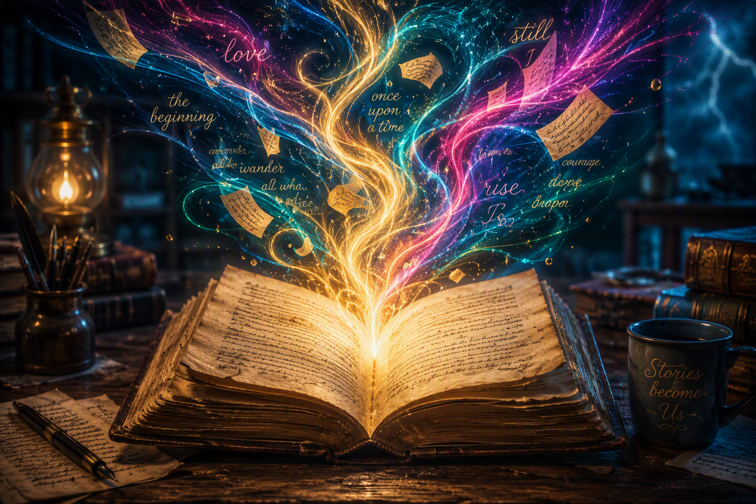 The Soul of a Story logo, book with glowing ribbons streaming out of it