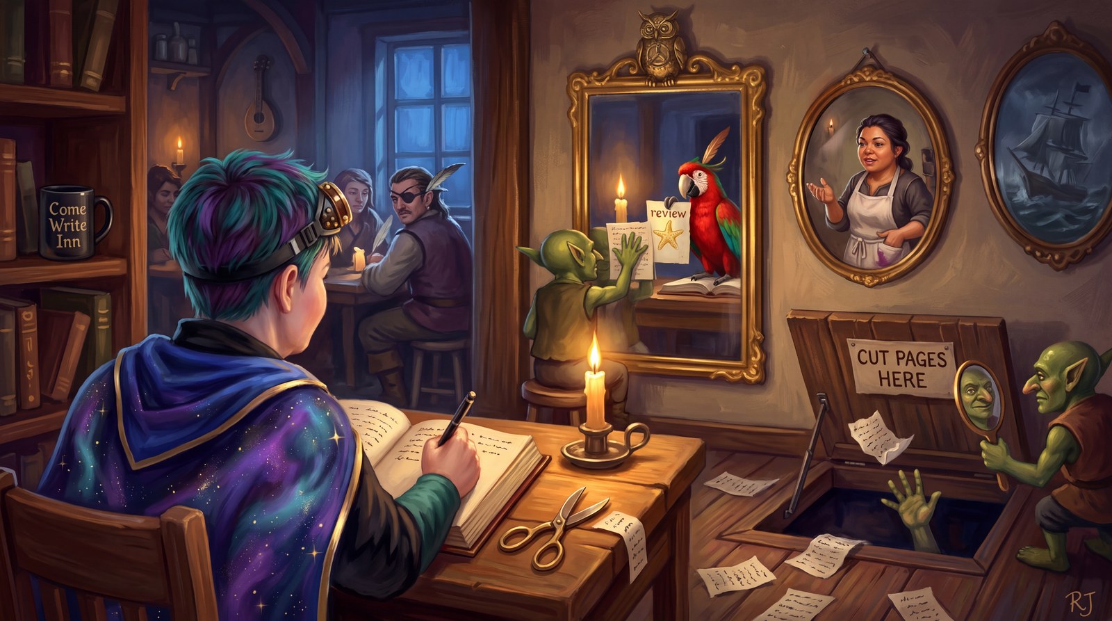 Discoverability: An oil painting of a writer in a starry cape, seen from behind, writing at a candlelit desk scattered with scissor-cut pages. On the wall ahead, a goblin presses a cut page to a gilded mirror, and inside the glass a scarlet-and-green parrot holds the page up as a review with one gold starfish. Two smaller mirrors show a woman in an apron, mid-confession and a ship in a storm, and a second goblin admires himself in a hand mirror beside a cellar hatch marked CUT PAGES HERE.