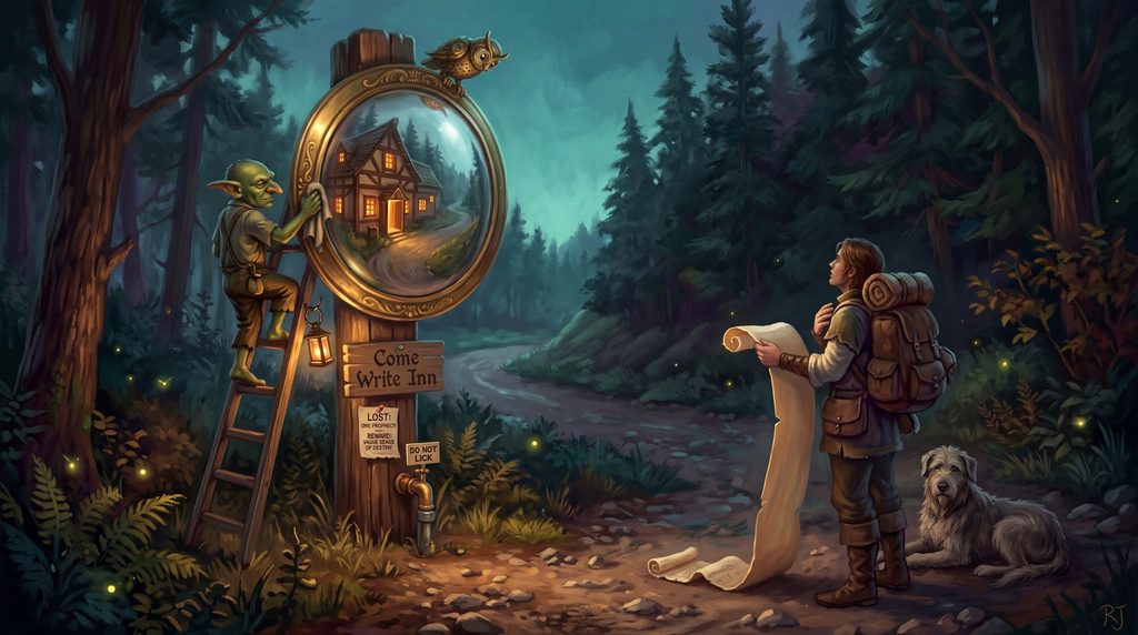 An oil painting of a traveler on a forest road at dusk, holding a long map and looking up at a big round mirror on a post with a Come Write Inn sign. The mirror shows the glowing inn around the corner that the road itself hides, while a goblin on a ladder polishes the glass and an old wolfhound waits at the traveler's feet.
