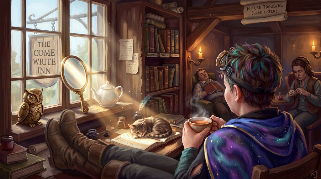 An oil painting of a sunny writing desk by an inn window. A small hand mirror propped on the sill bounces one sunbeam onto an open notebook, where a cat is curled up asleep in the light. The writer, seen from behind with tea in hand and boots up on the desk, looks on.
