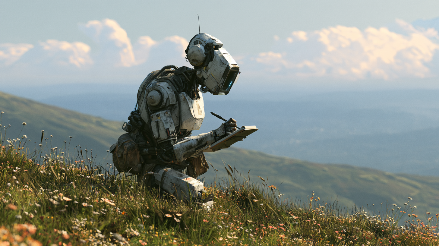 A robot scouting unknown terrain and taking notes in a notebook