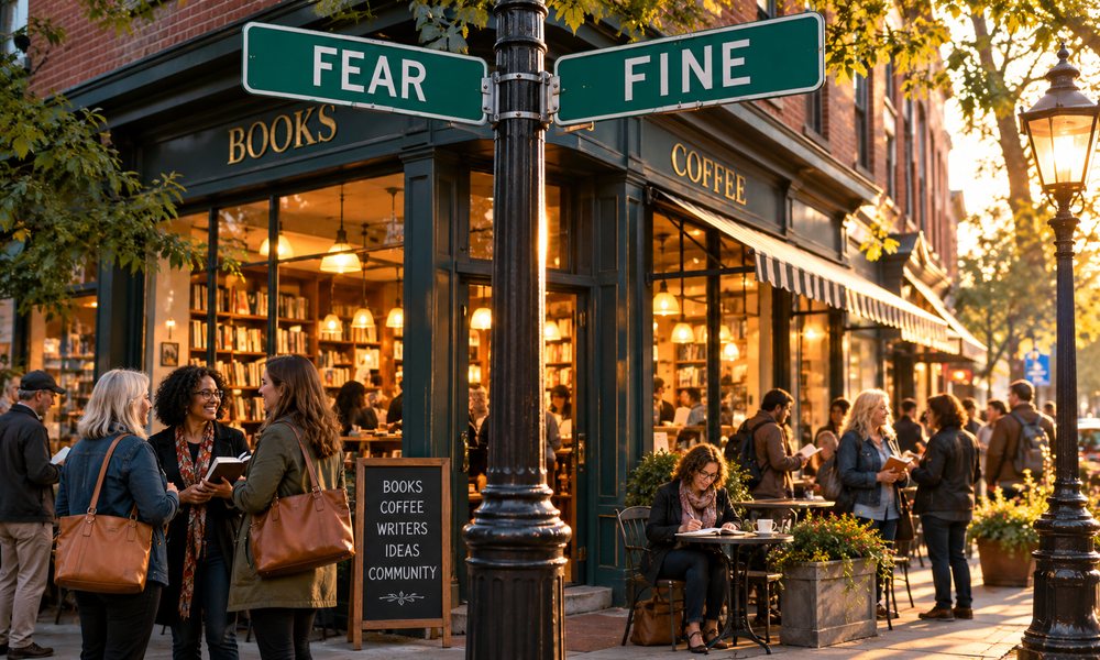 Photo depicting a busy corner with books and coffee at the corner of two streets: FEAR and FINE.